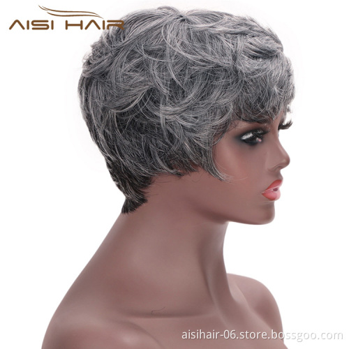 Aisi Hair Synthetic Ombre Grey Hair Bob Style Short Wigs for Women Black Cosplay Short Wigs with Neat Bangs